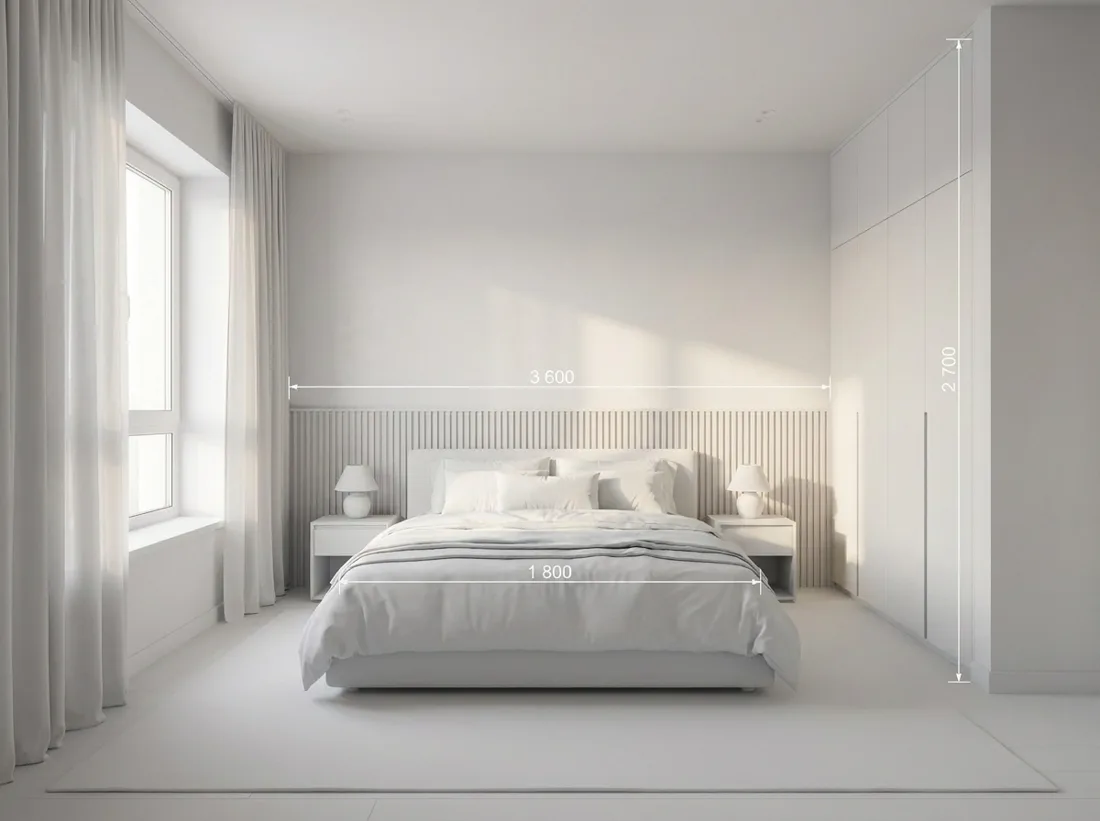 3D model of a bedroom with dimensions